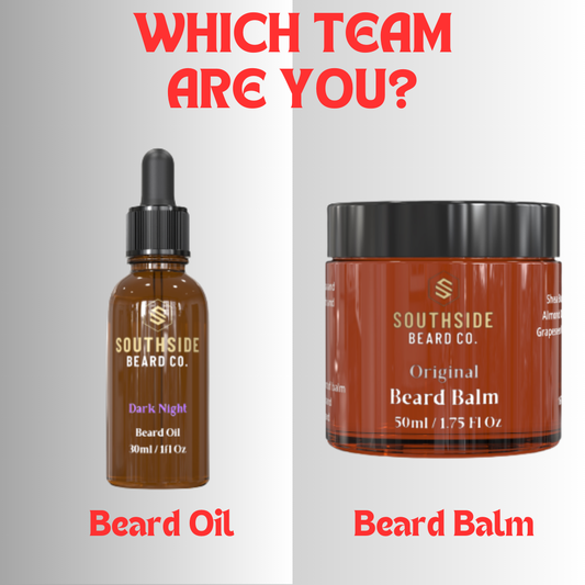 a comparison image with beard oil and beard balm on either side of the image with the question, which team are you?