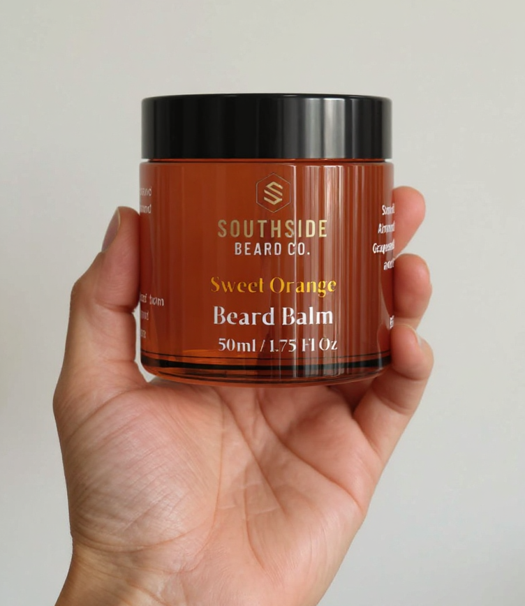 A hand holding a sweet orange beard balm from southside beard co, front section with logo showing, with a white background 
