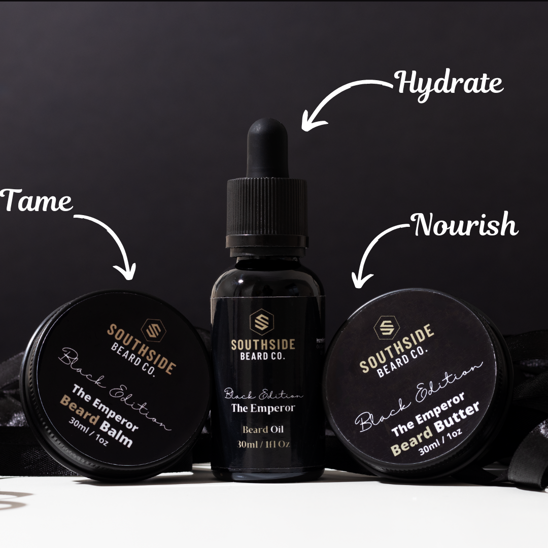An image of beard oil, beard balm and beard butter next to each other with an arrow and text showing the benefit of each product.