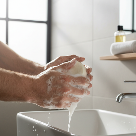 creating a shampoo lather by rubbing hands together.
