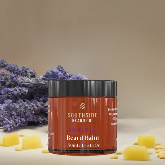 Front image of a 50g beard balm in an amber plastic jar from Southside Beard Co
