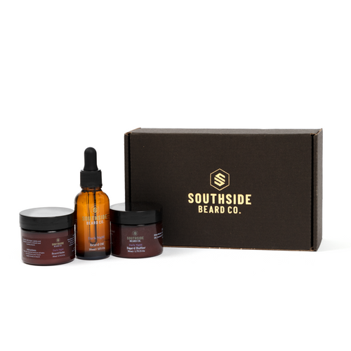 Southside Beard Co. all in one beard care kit  including a gift box, beard oil bottle, and two 50ml jars on a white background