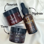 Three Southside Beard Co. products labeled 'Nourish', 'Hydrate', and 'Tame' on a white background.