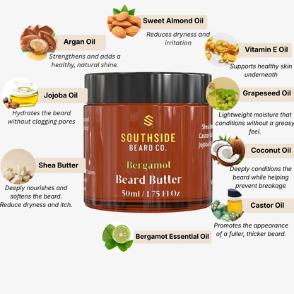 Southside Beard Co. bergamot beard butter jar with oil types and benefits on a white background