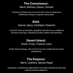 Text description of different black edition scents with their characteristics on a black background