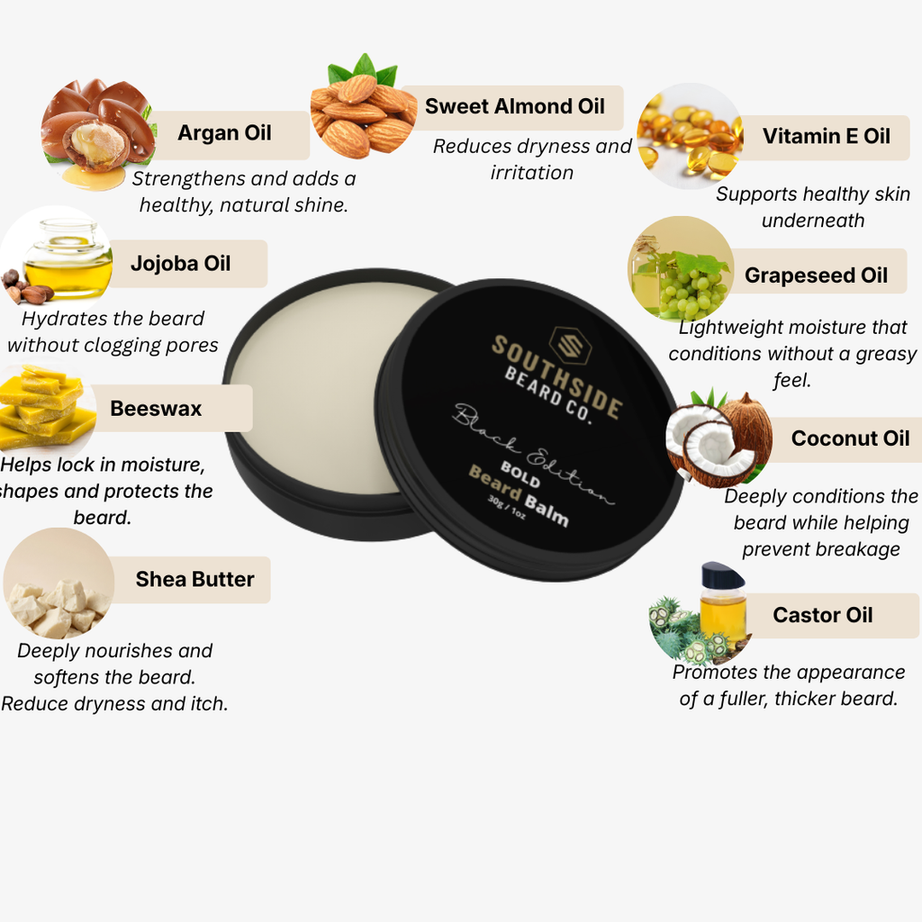 Southside Beard Co. bold beard balm with ingredients listed on a white background