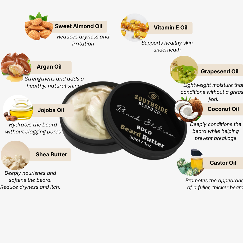 Southside Beard Co. Bold beard butter with ingredients listed on a white background