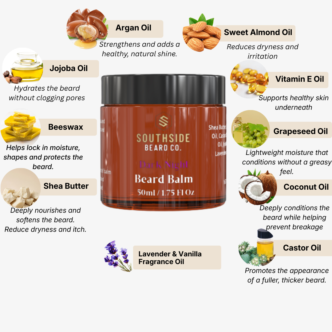 Southside Beard Co. Dark Night Beard Balm jar with ingredients listed on a white background