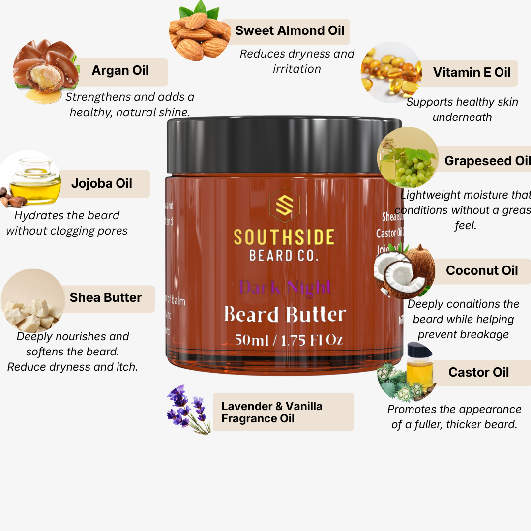 Southside Beard Co. Dark Night Beard Butter with ingredients listed on a white background