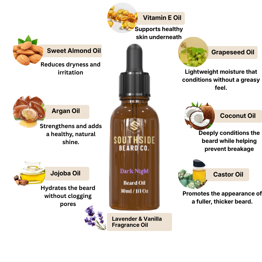 Southside Beard Co. Dark Night Beard Oil with ingredients and benefits listed on a white background