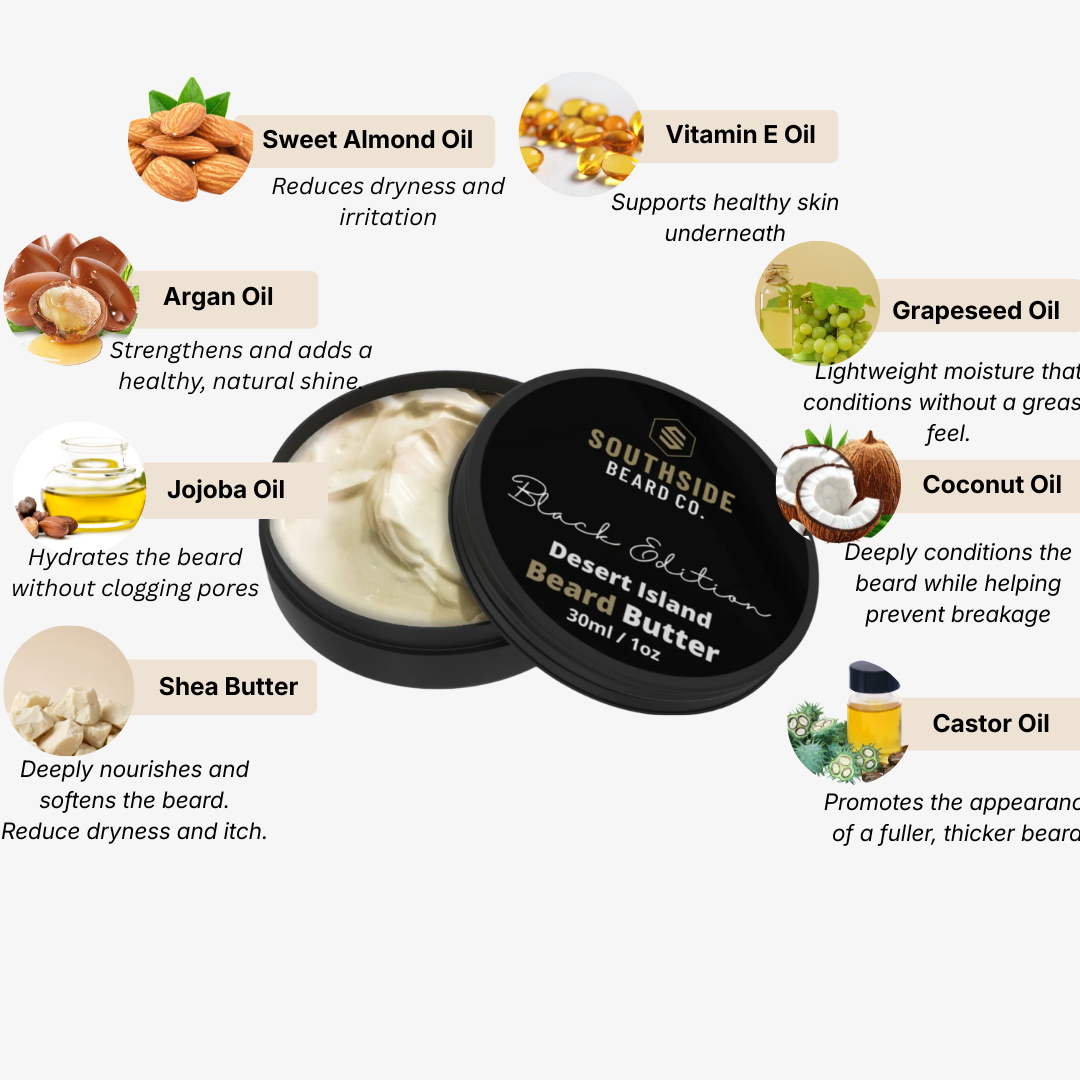 Southside Beard Co. Desert Island Beard Butter with ingredients listed on a white background