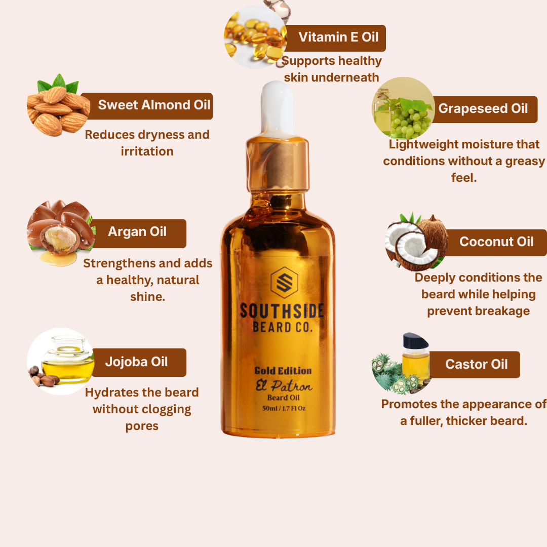 Southside Beard Co. beard oil bottle with ingredients of the beard oil and their benefits.