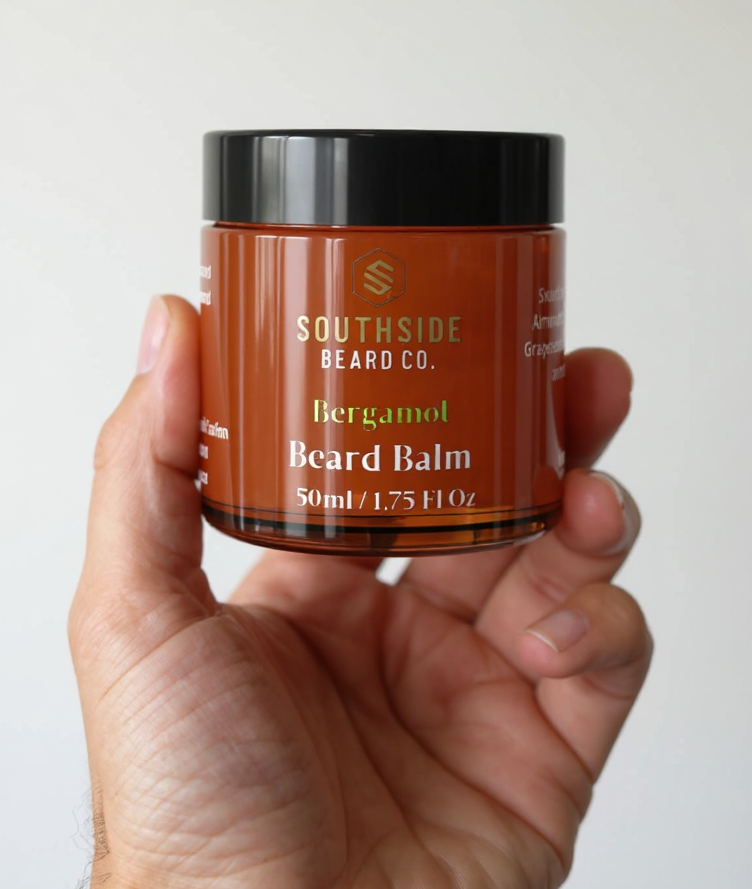 Hand holding a Southside Beard Co. bergamot beard balm jar against a white background