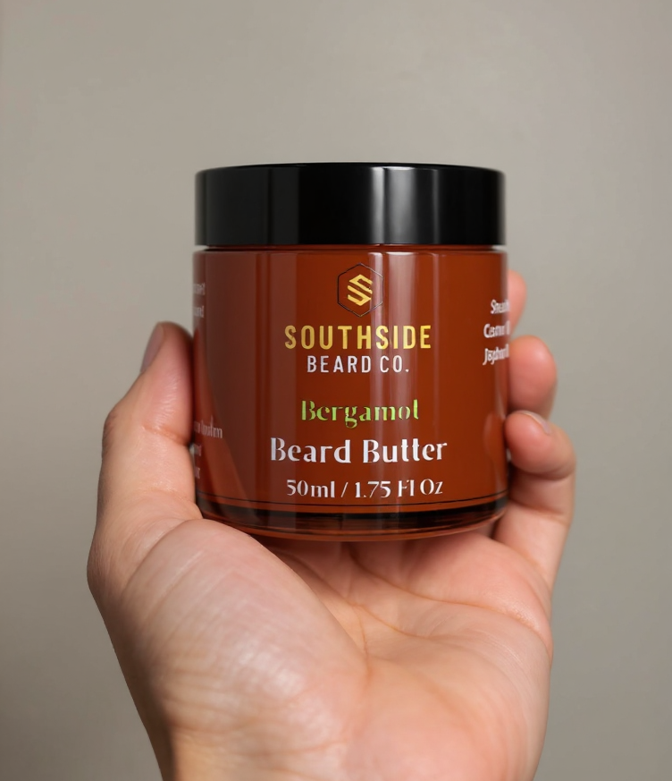 Hand holding a Southside Beard Co. bergamot beard butter jar against a plain background