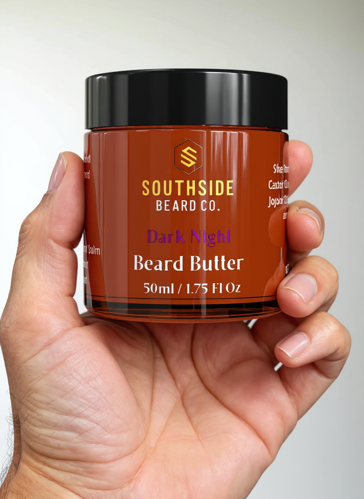 Hand holding a jar of Southside Beard Co. Dark Night Beard Butter against a plain background