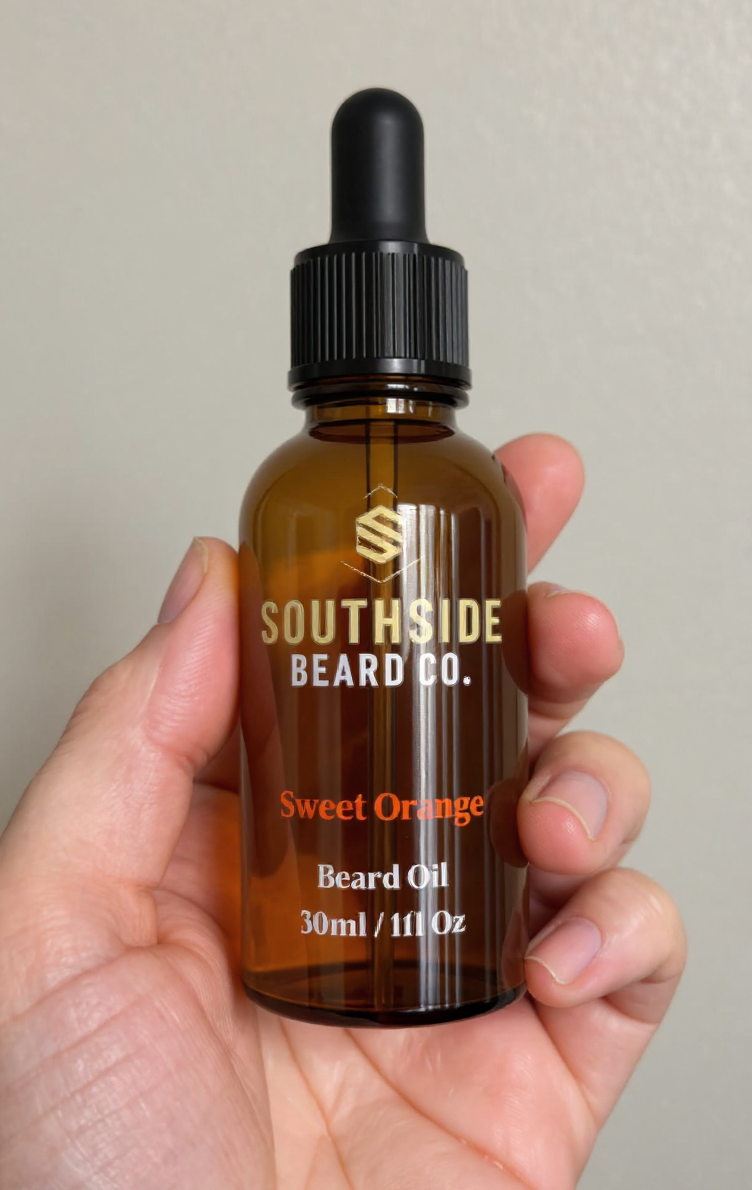 Bottle of Southside Beard Co. Sweet Orange beard oil held in a hand against a neutral background