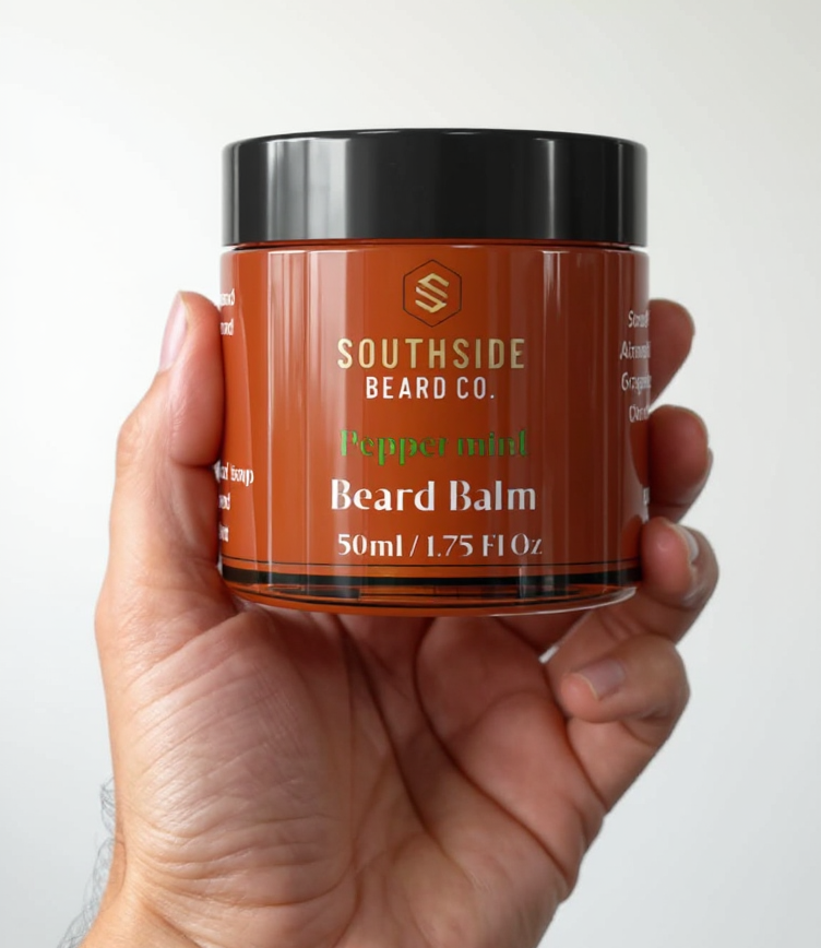 Hand holding a Southside Beards Co. peppermint beard balm jar against a white background
