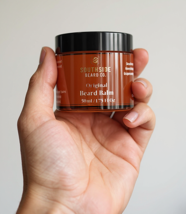 Hand holding a jar of Southside Original Beard Balm against a plain background