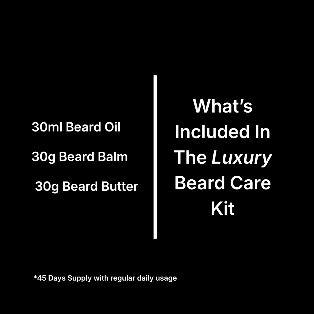 Text listing contents of a luxury beard care kit on a black background
