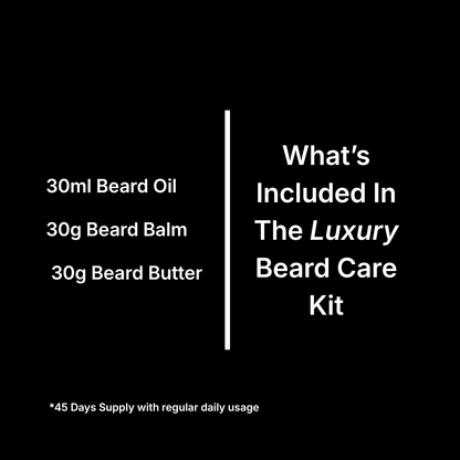 Text listing contents of a luxury beard care kit on a black background