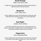 Text description of various normal edition scents with their characteristics on a white background