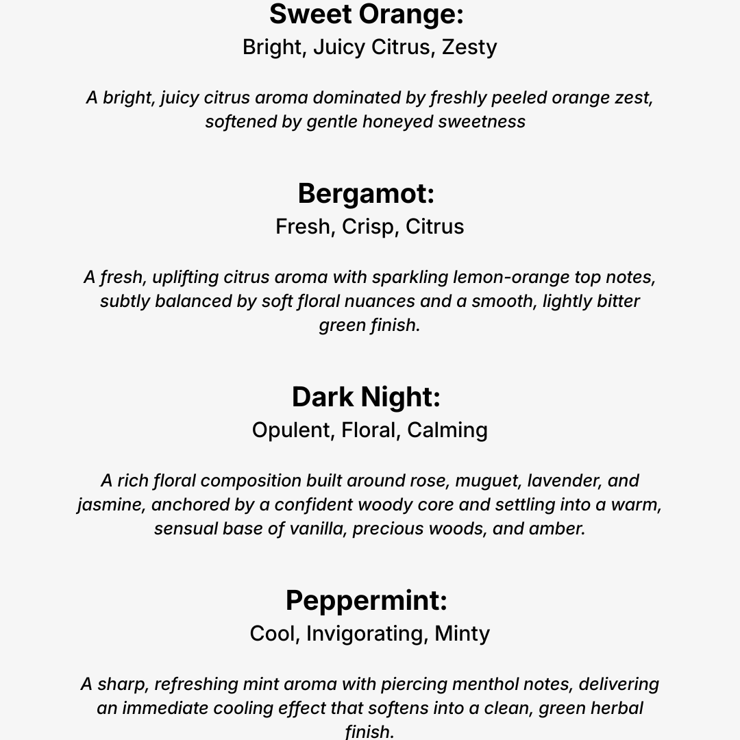Text description of various normal edition scents with their characteristics on a white background