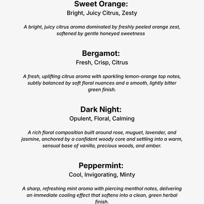 Text description of various normal edition scents with their characteristics on a white background