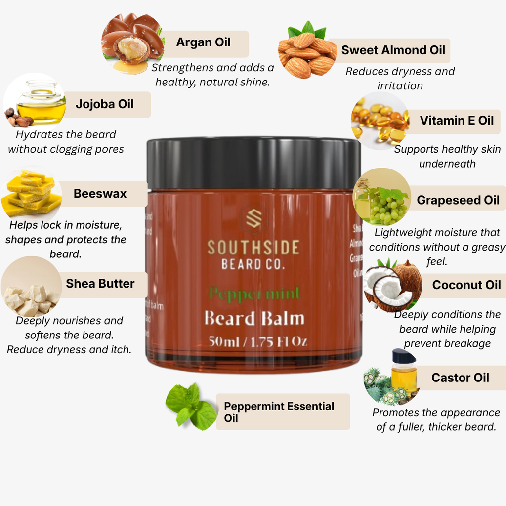 Southside Beard Co. peppermint beard balm jar with ingredients listed on a white background