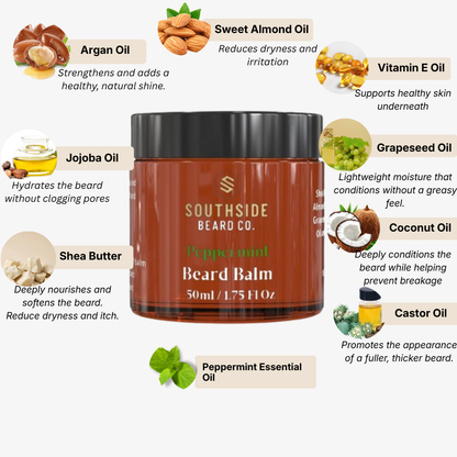Southside Beard Co. peppermint beard balm jar with ingredients listed on a white background