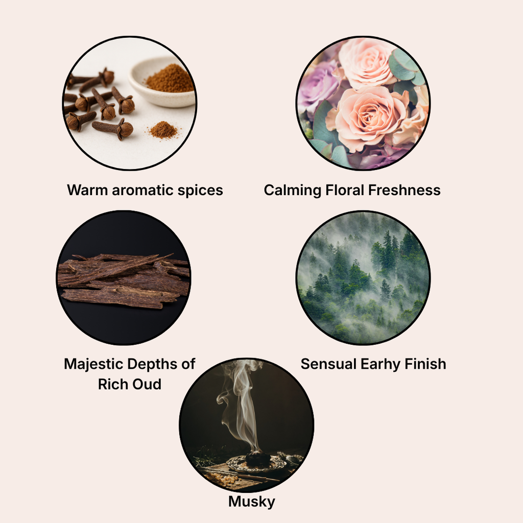 Five circular images with different scents labeled: Warm aromatic spices, Calming floral freshness, Majestic depths of rich oud, Sensual earthy finish, Musky.
