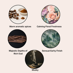 Five circular images with different scents labeled: Warm aromatic spices, Calming floral freshness, Majestic depths of rich oud, Sensual earthy finish, Musky.