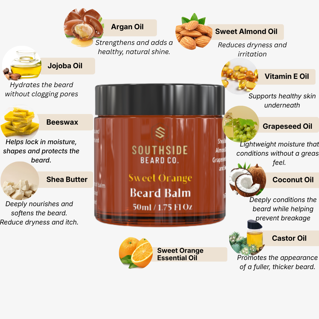 Southside Beard Co. Sweet Orange Beard Balm jar with ingredients listed on a white background