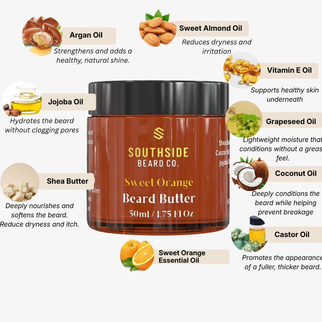 Southside Beard Co. Sweet Orange Beard Butter with ingredients listed on a white background
