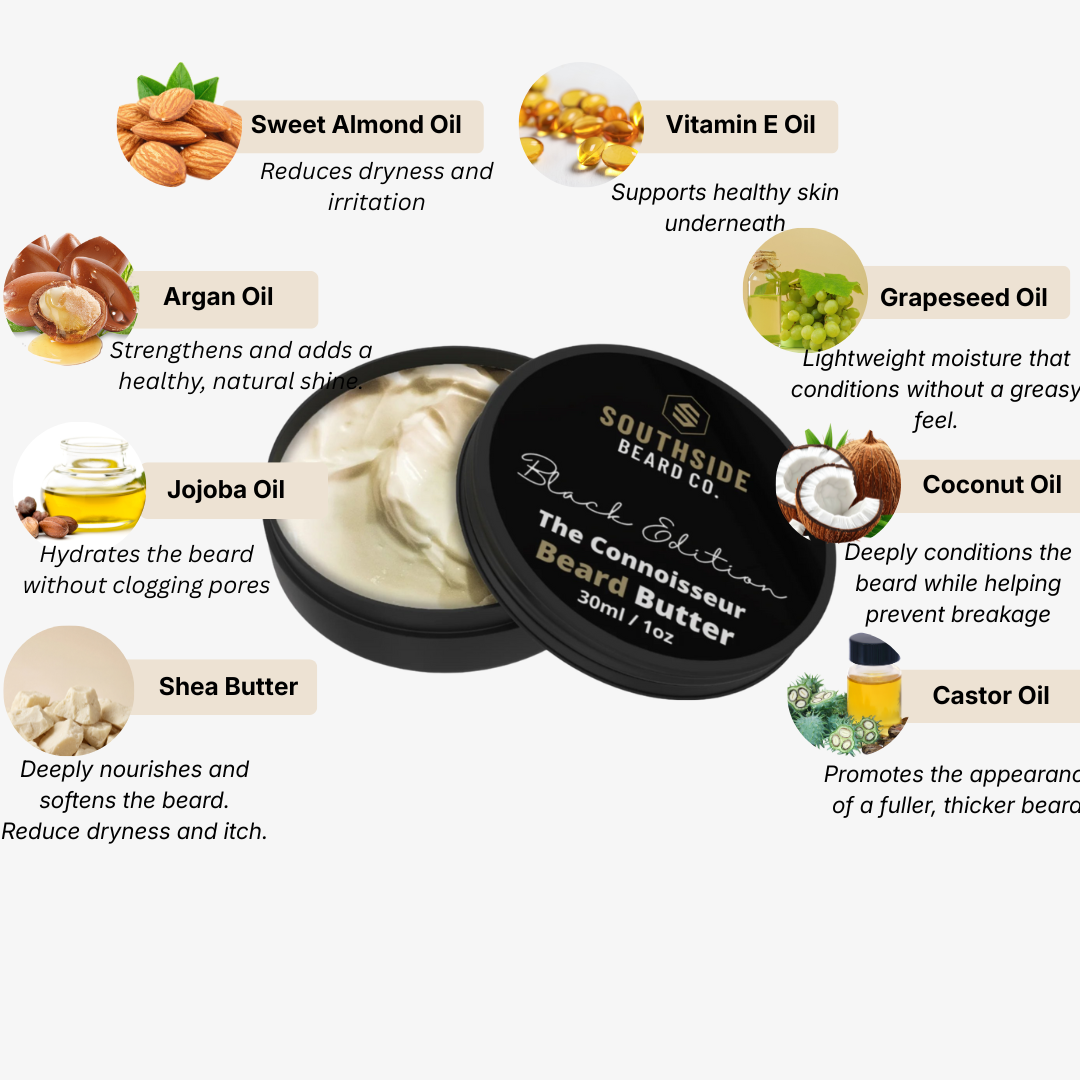 Southside Beard Co The Connoisseur beard butter with ingredients and benefits listed on a white background
