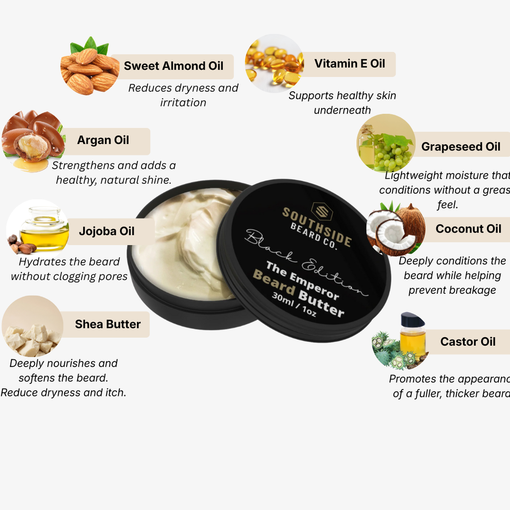 Southside Beard Co The Emperor beard butter with ingredients and benefits listed on a white background