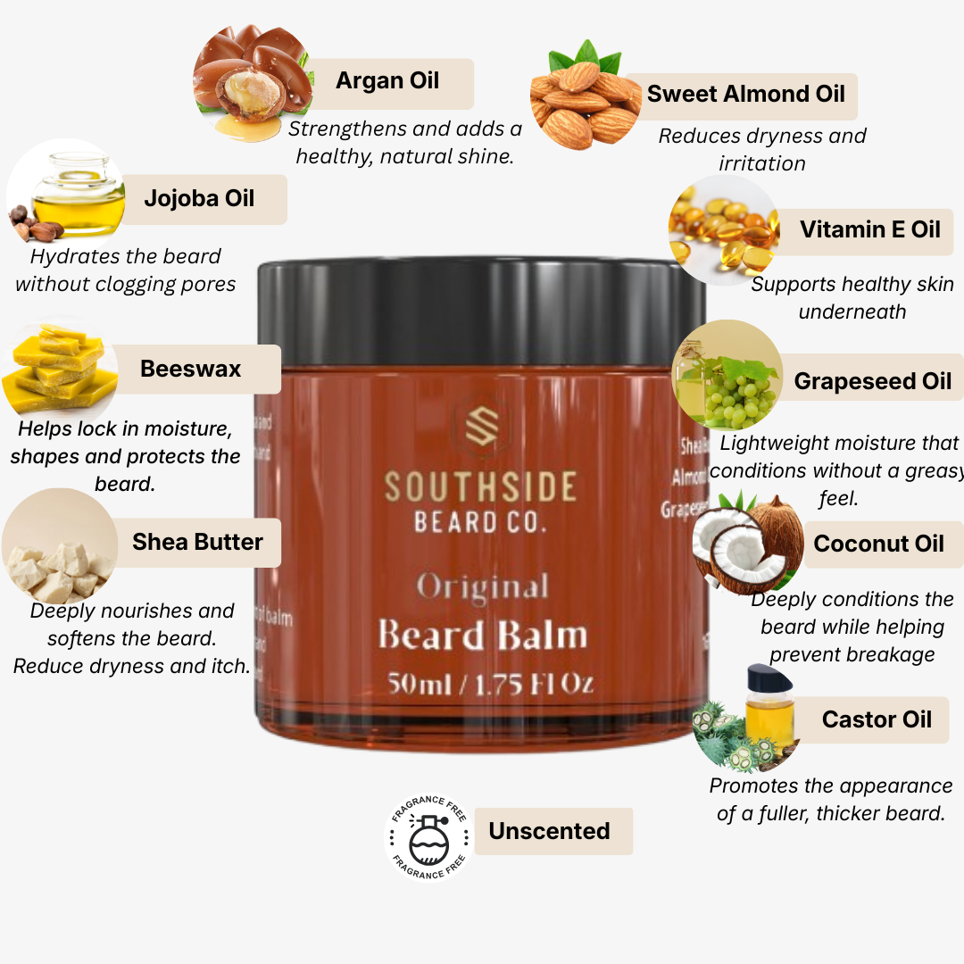 Southside Beard Co. Unscented Beard Balm jar with ingredients listed on a white background