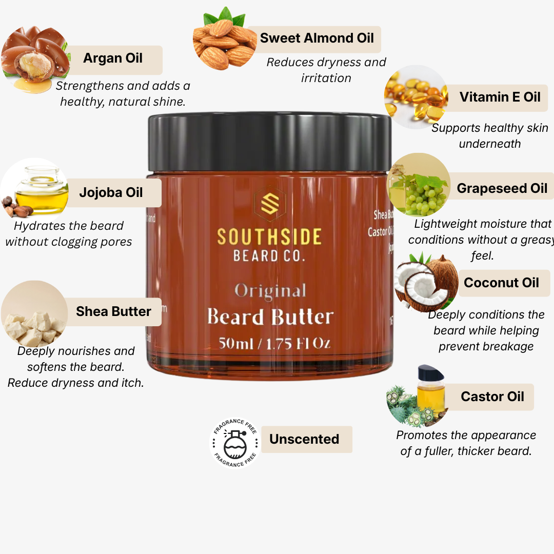 Southside Beard Co. Unscented Beard Butter jar with ingredients listed on a white background