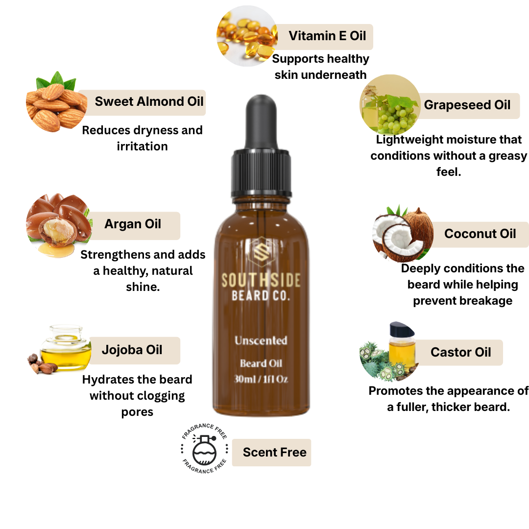 Southside Beard Co. Unscented beard oil bottle with ingredients and benefits on a white background