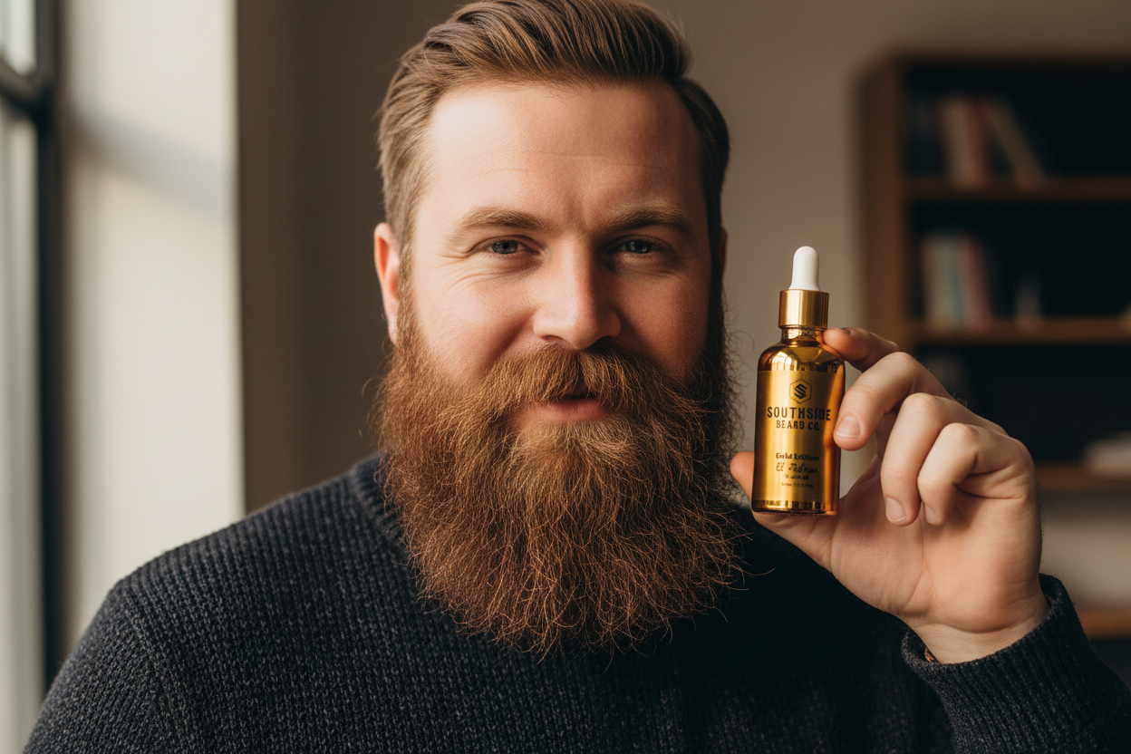 Bearded man holding El Patron near face