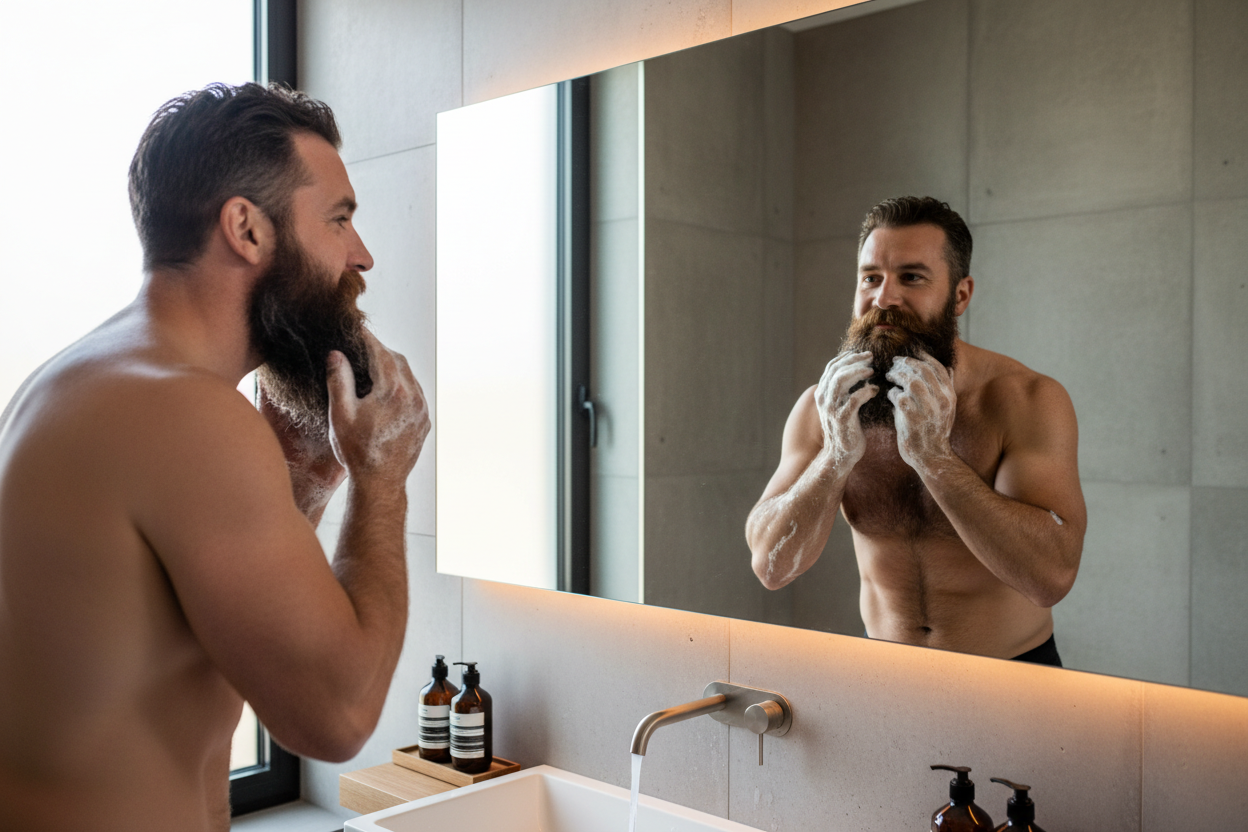 create an image of a man with a big beard in a bathroom mirror. His beard is covered in suds from washing it with a shampoo